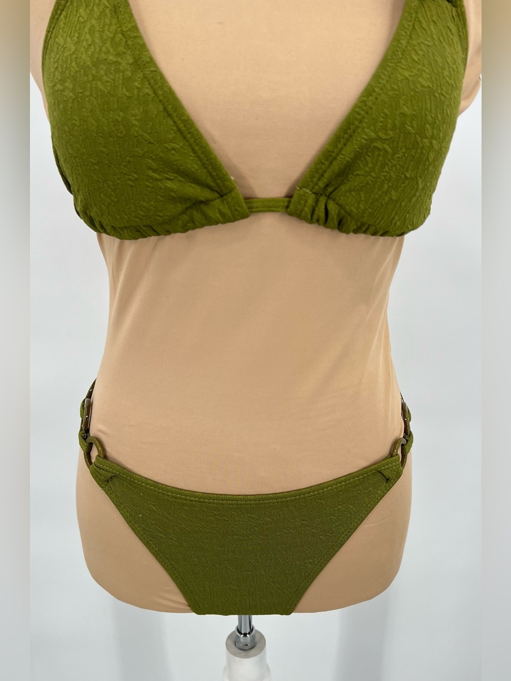 Olive green ring detail textured bikini S euro summer resortwear tulum swimwear - Picture 11 of 14